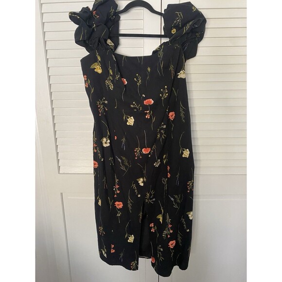 NWT H&M Linen-blend Cotton Off-the-shoulder Midi Dress Black/Floral XXL COttage - Picture 2 of 12